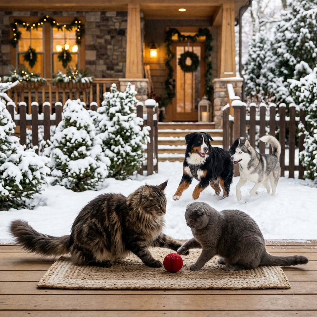 Cold-weather holiday pets with cats and dogs