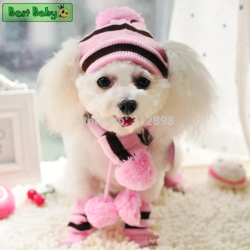 Striped Knit Pet Hat, Scarf & Leg-Warmer Outfit