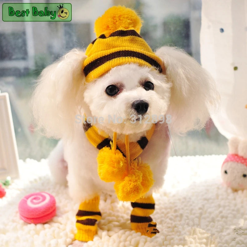 Striped Knit Pet Hat, Scarf & Leg-Warmer Outfit