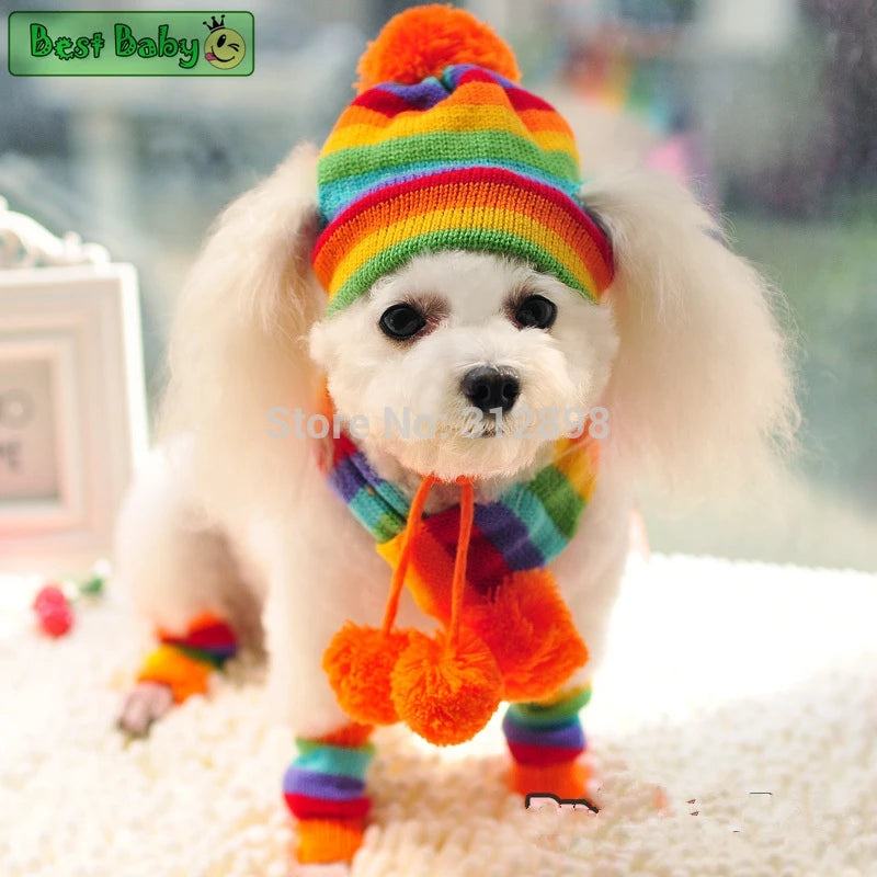Striped Knit Pet Hat, Scarf & Leg-Warmer Outfit