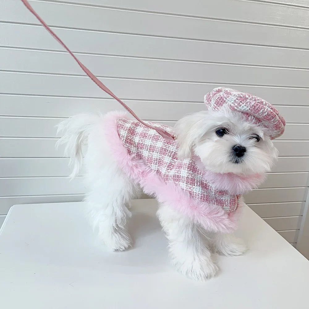 Plaid Pet Cape Coat with Fluffy Trim
