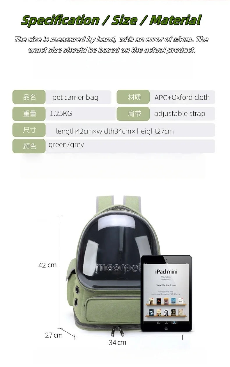 Green Clear-Front Cat Carrier Backpack with Storage Pockets