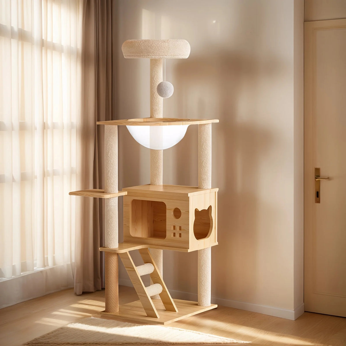 Wood-Look Cat Tower with Clear Lounging Bowls & Hideaway