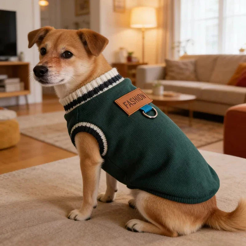 Striped-Trim Pet Sweater Vest with Back Patch