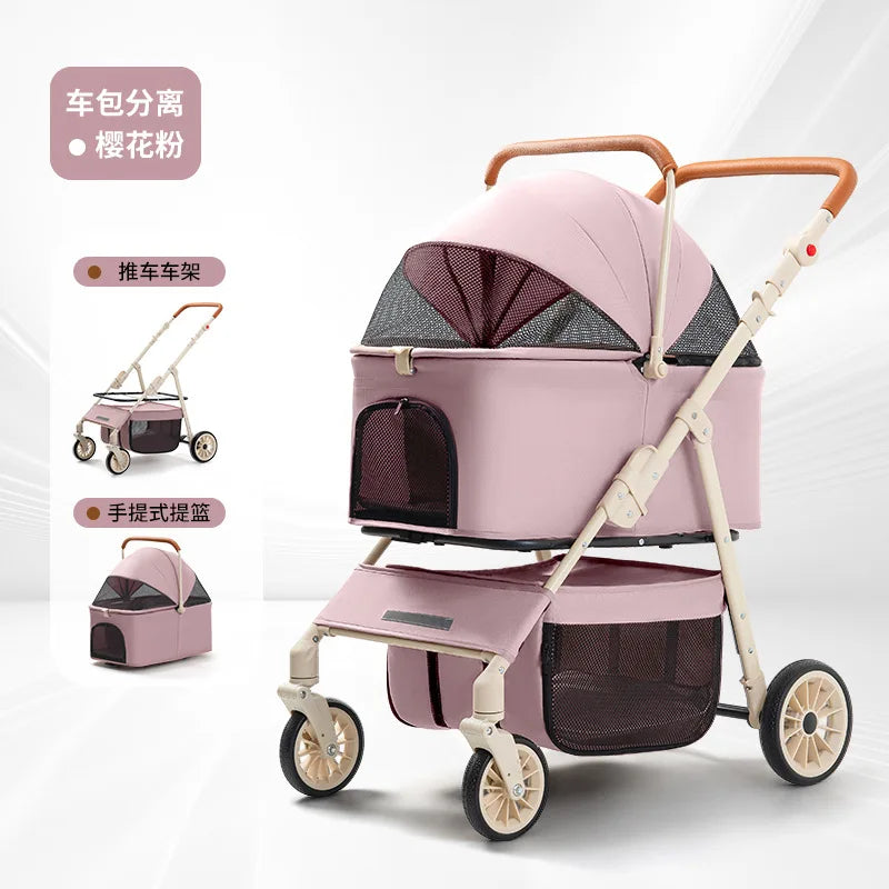 Folding Pet Stroller with Detachable Carrier & Lower Basket
