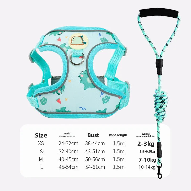 Cartoon-Print Pet Vest Harness, Harness or Leash Option