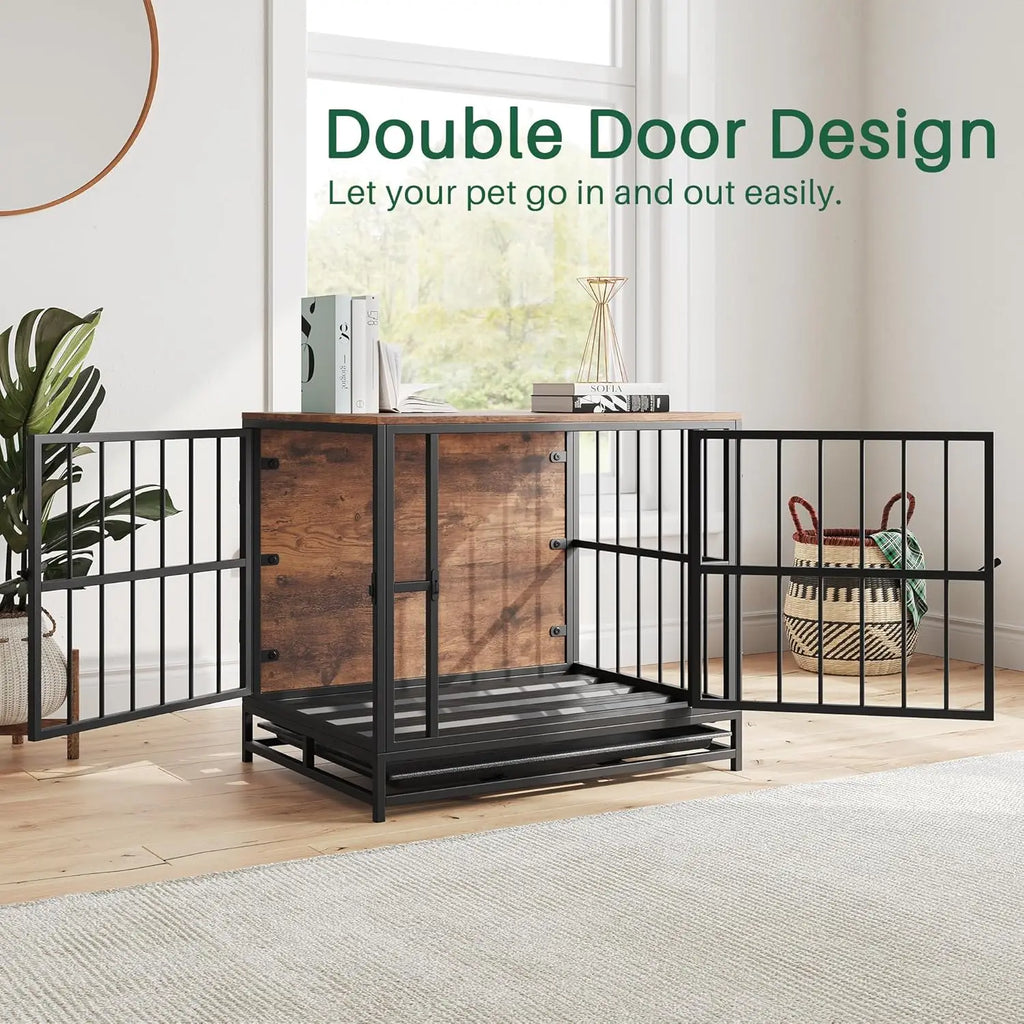Furniture-Style Dog Crate Side Table with Double Doors & Tray