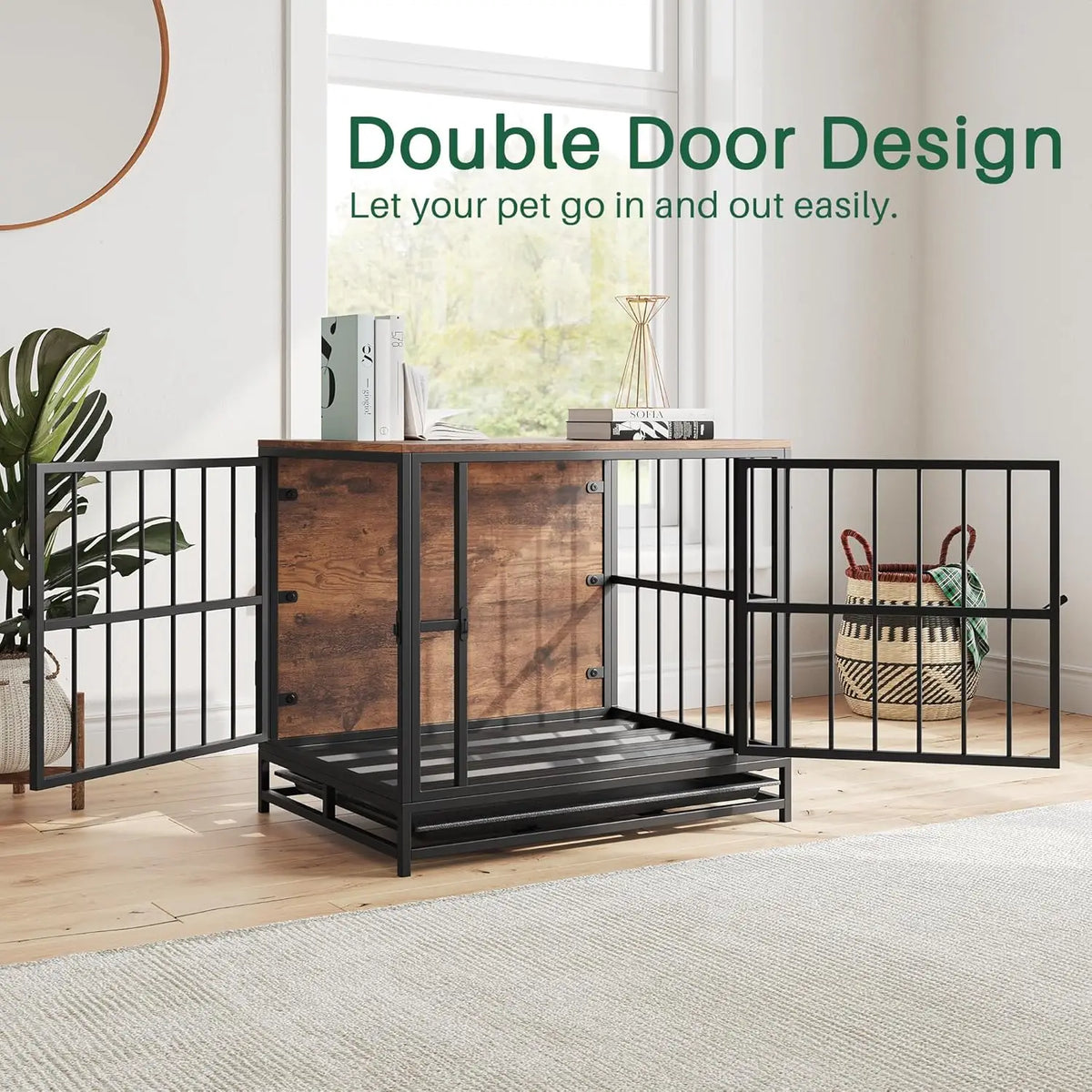 Furniture-Style Dog Crate Side Table with Double Doors & Tray