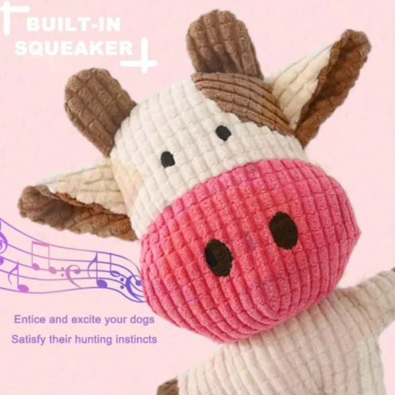 Ribbed Plush Cow Dog Toy with Pink Nose