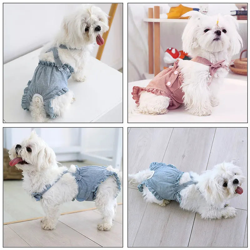 Ruffle-Trim Pet Sanitary Pants with Bow Suspenders