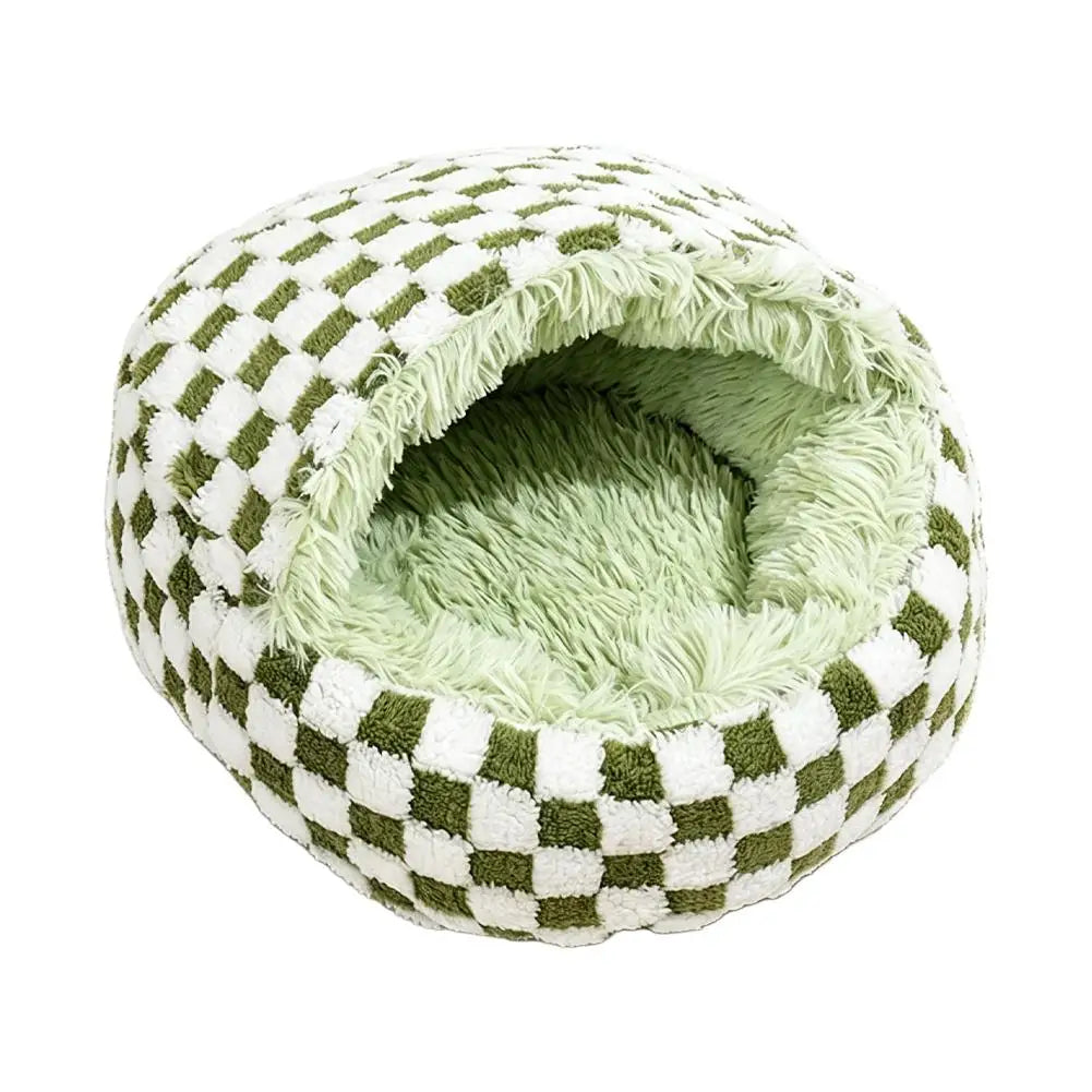 Checkerboard Plush Hooded Pet Bed