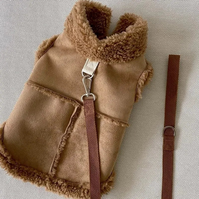 Suede-Look Pet Vest with Curly Plush Trim