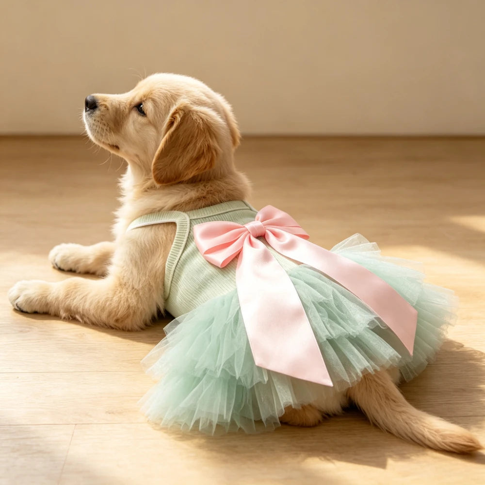 Mint Green Pet Tutu Dress with Pink Bow