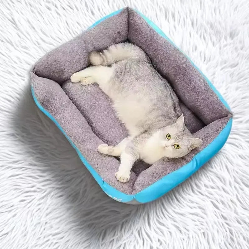 Plush-Lined Rectangular Pet Bed with Paw Detail