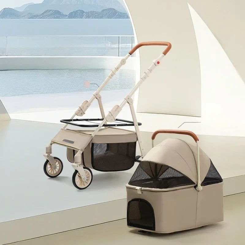 Folding Pet Stroller with Detachable Carrier & Lower Basket