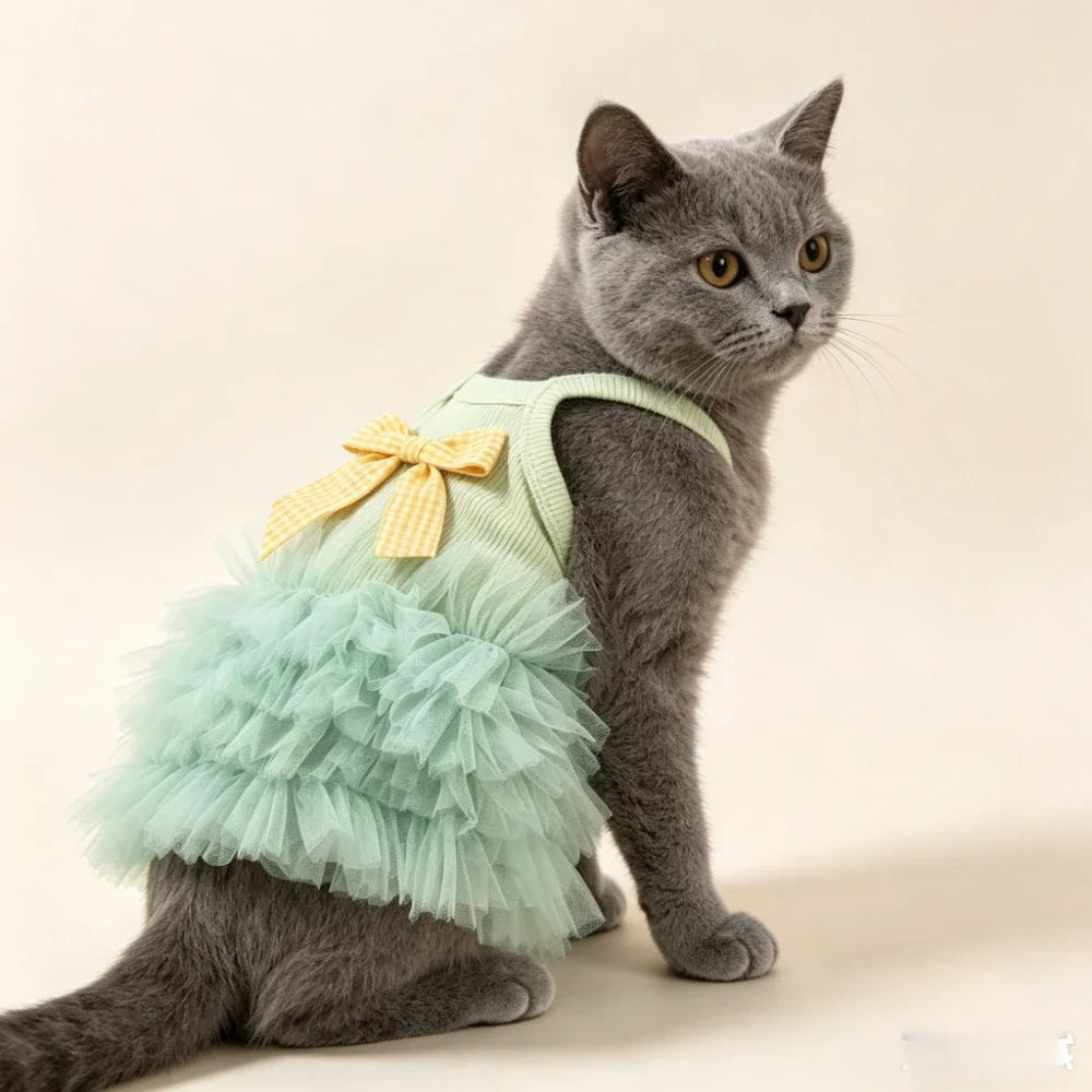 Mint Ruffle Pet Dress with Yellow Gingham Bow