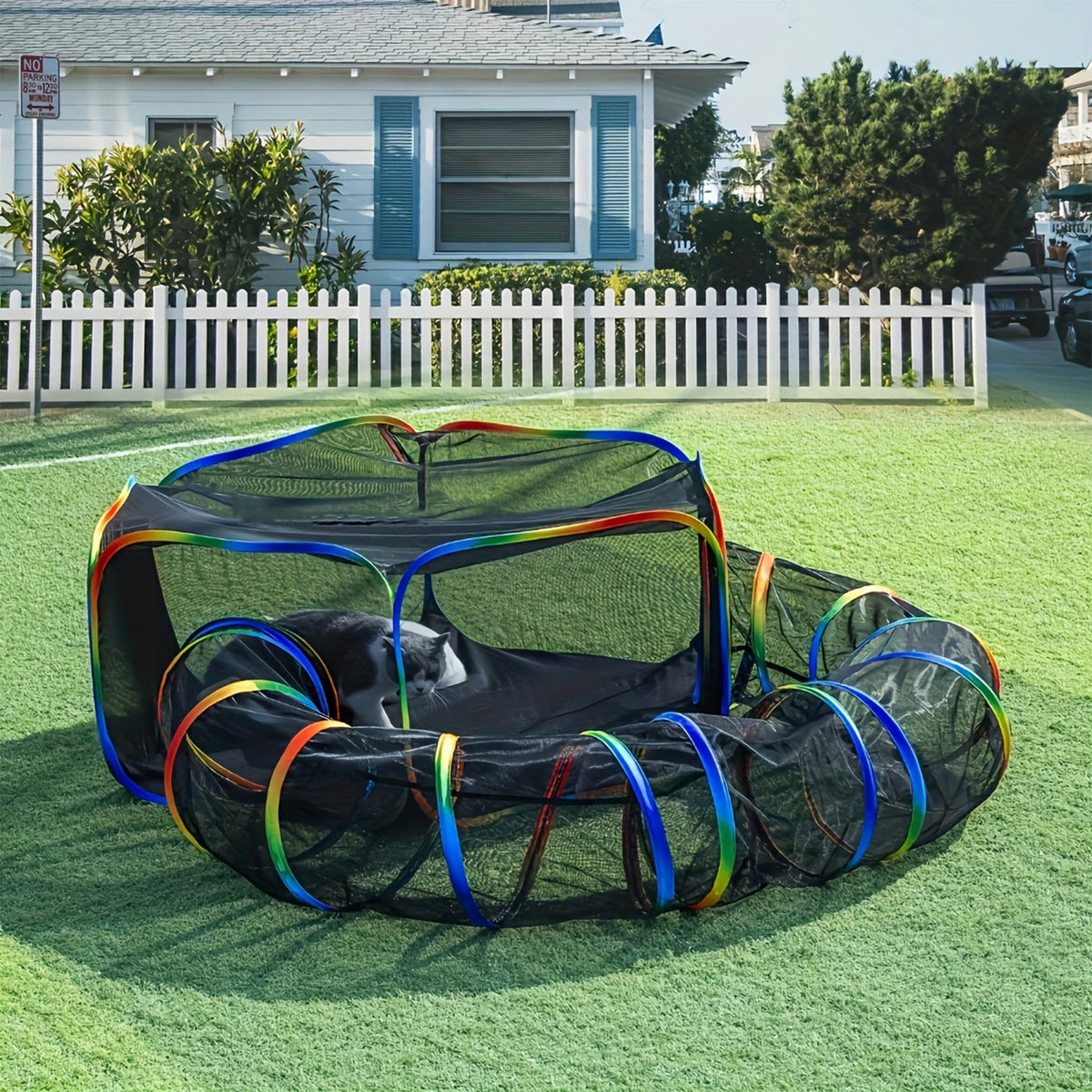 Portable Mesh Cat Playpen & Tunnel Set with Storage Bag