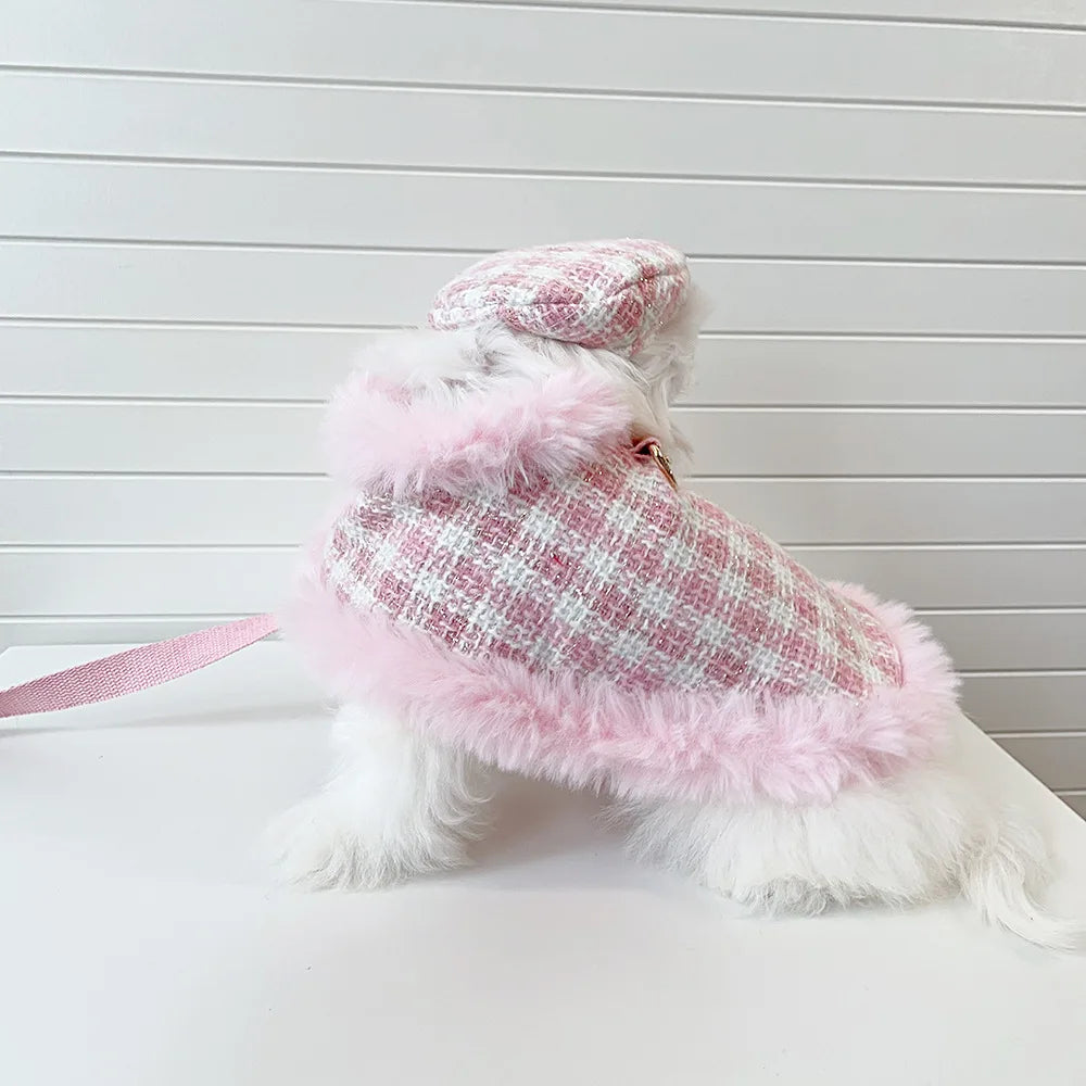 Plaid Pet Cape Coat with Fluffy Trim