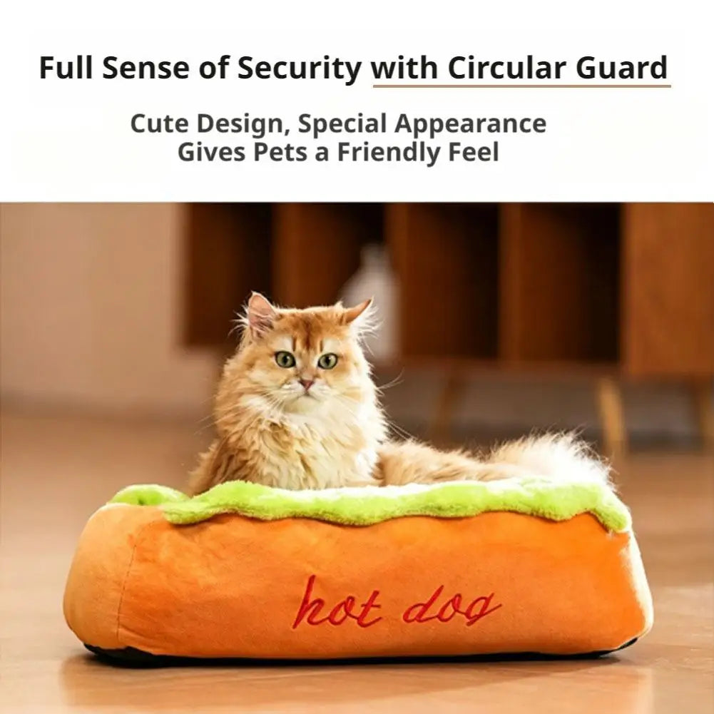 Hot Dog-Shaped Plush Bed for Small Dogs & Cats