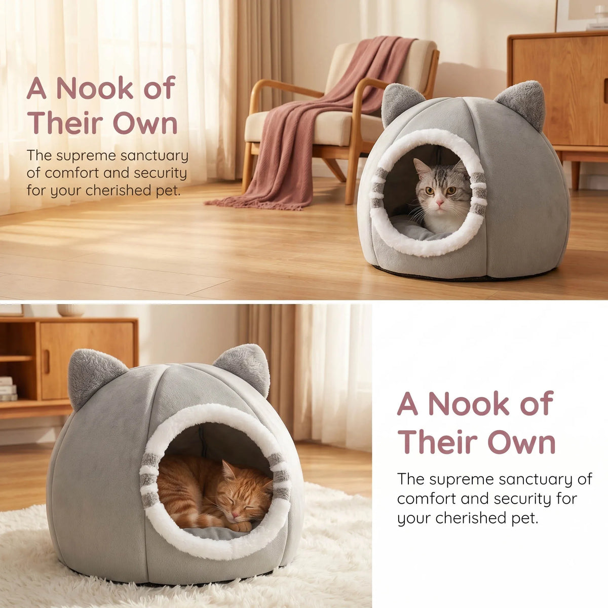 Gray Cat-Face Plush Cave Bed with Pom-Pom