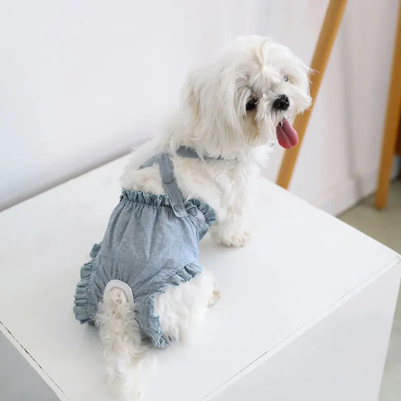 Ruffle-Trim Pet Sanitary Pants with Bow Suspenders