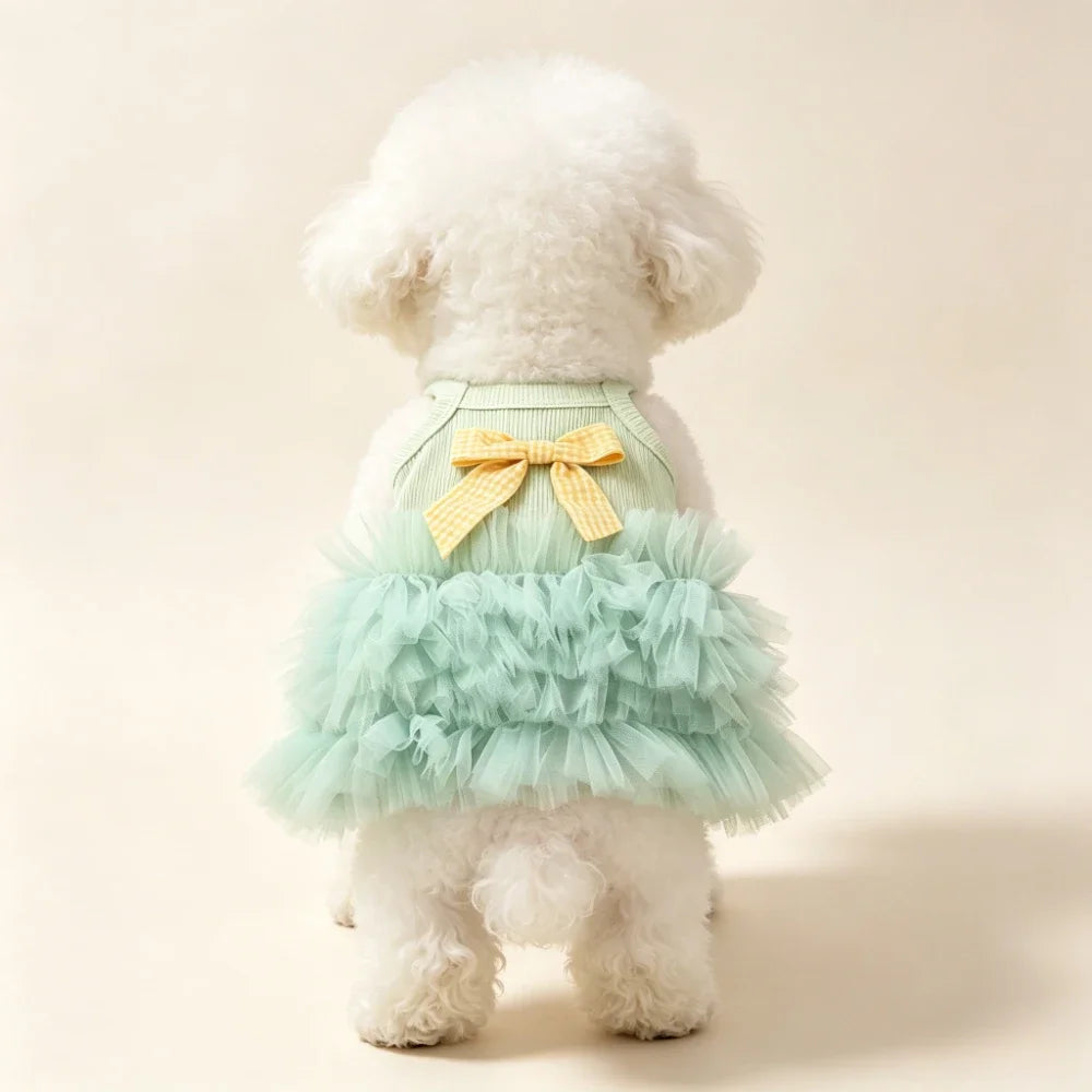 Mint Ruffle Pet Dress with Yellow Gingham Bow