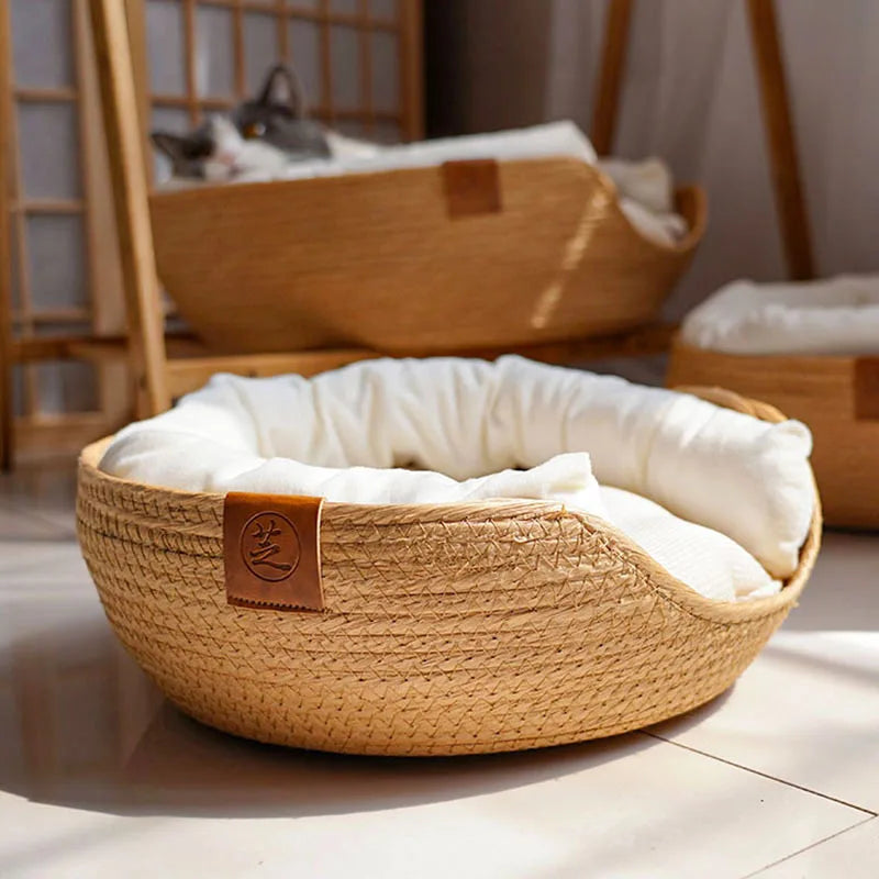 Woven Bamboo Cat Bed with Optional Mat & Pillow