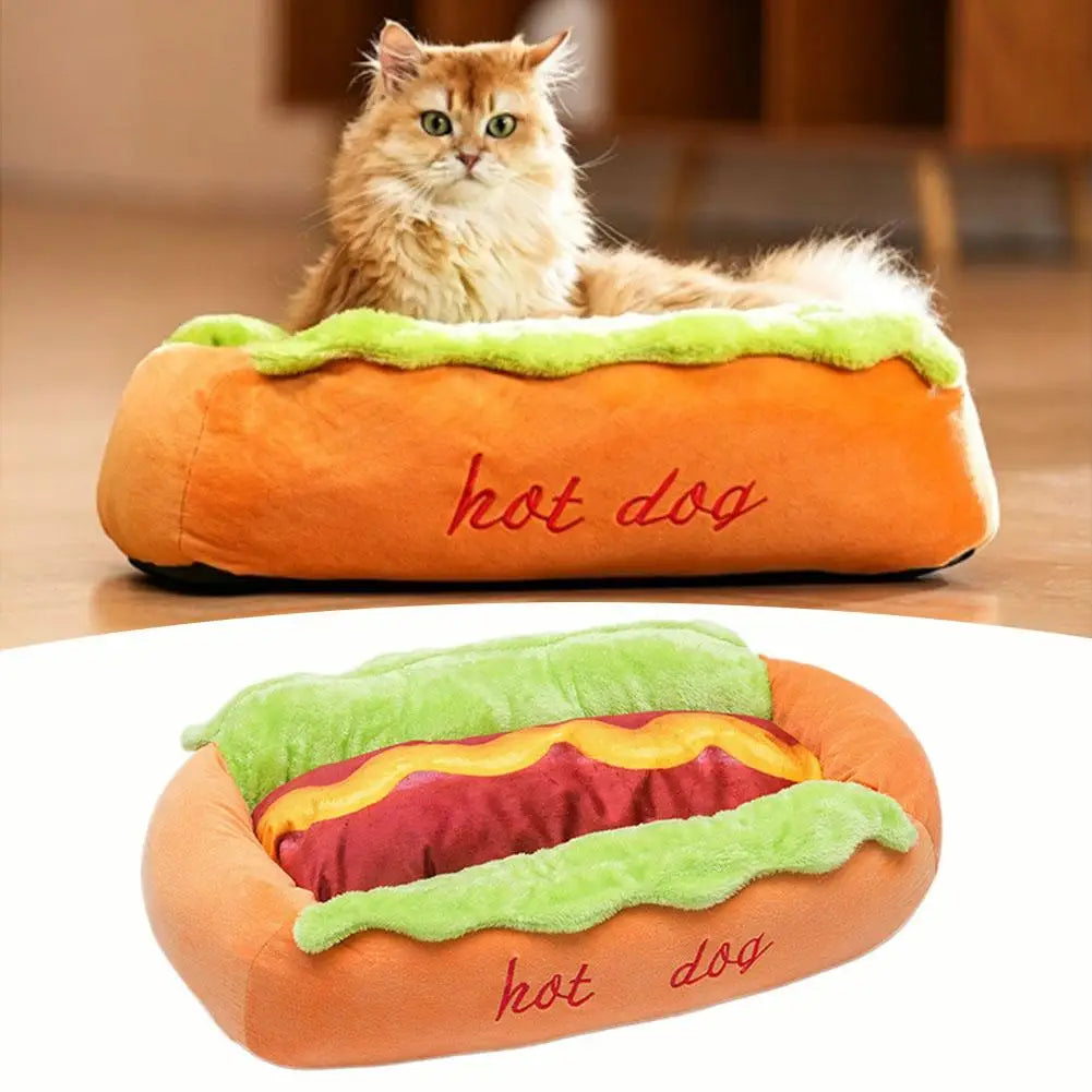 Hot Dog-Shaped Plush Bed for Small Dogs & Cats
