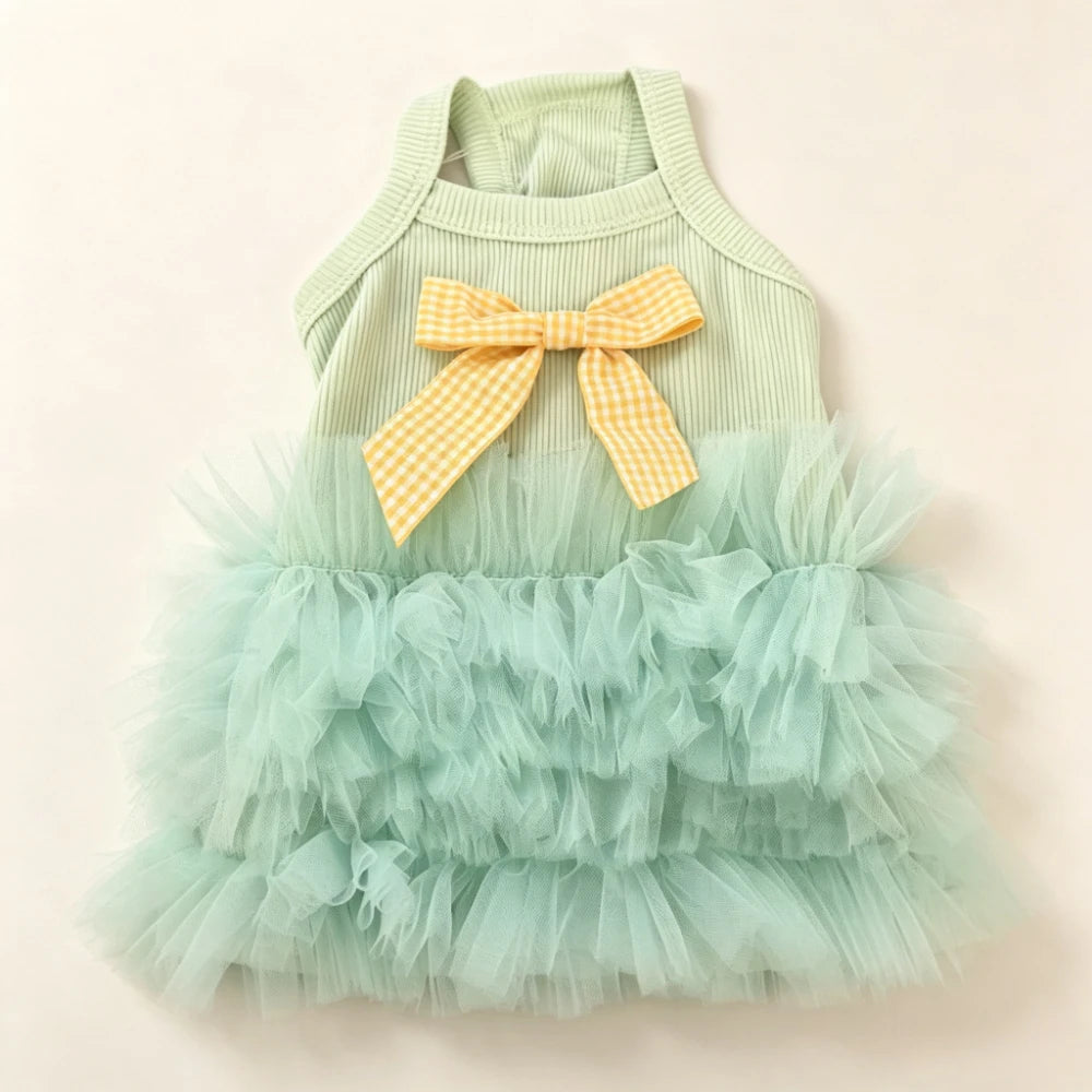 Mint Ruffle Pet Dress with Yellow Gingham Bow