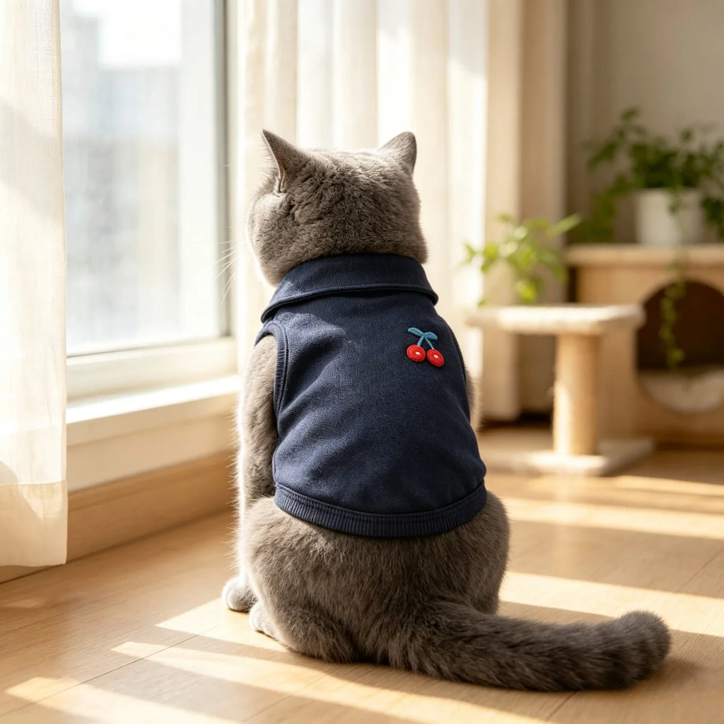Navy Cherry-Detail Cat Vest