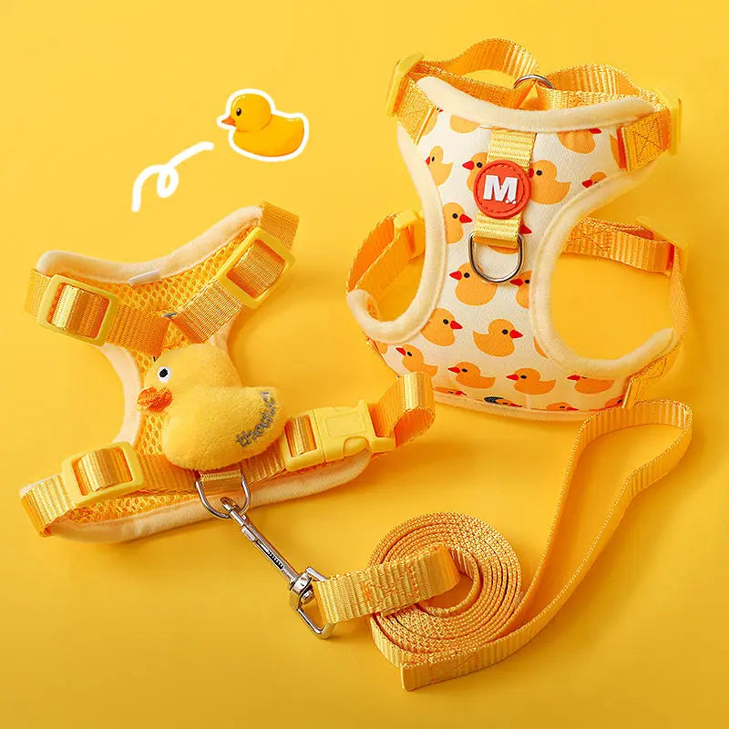 Yellow Duck-Print Pet Harness with Plush Duck Detail