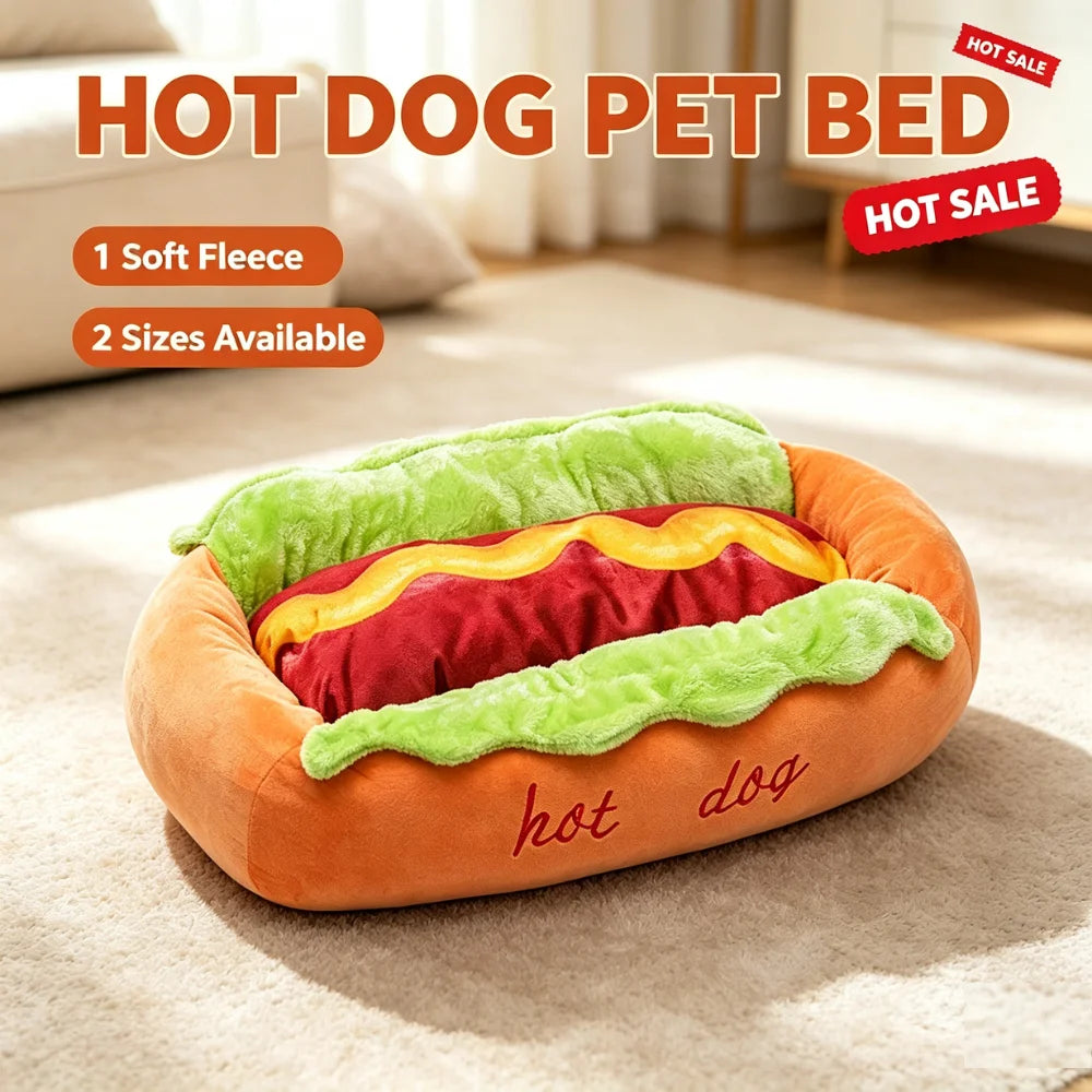 Hot Dog-Shaped Plush Bed for Small Dogs & Cats
