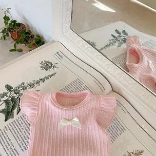 Ribbed Pet Top with Ruffle Shoulders & Contrast Bow