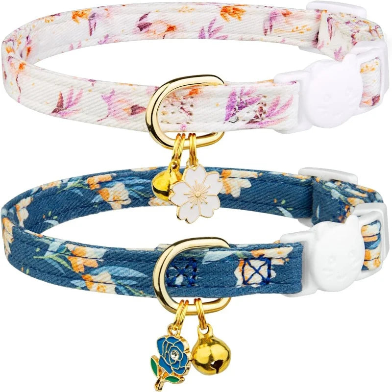 Floral Cotton Cat Collar with Bell & Flower Charm