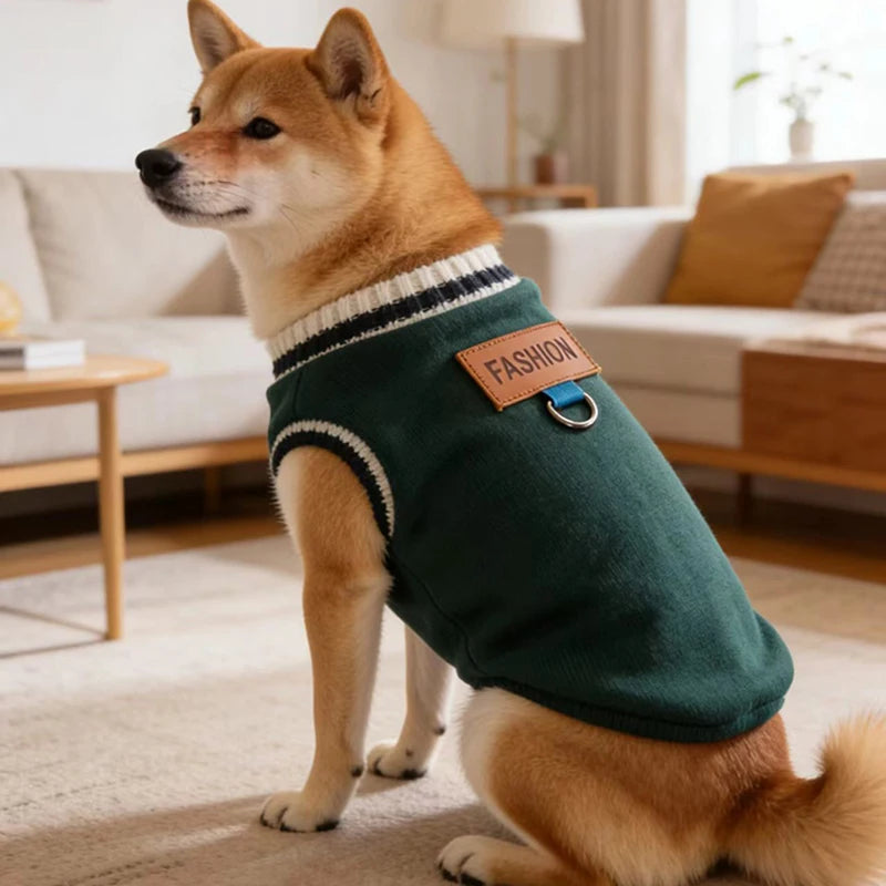 Striped-Trim Pet Sweater Vest with Back Patch
