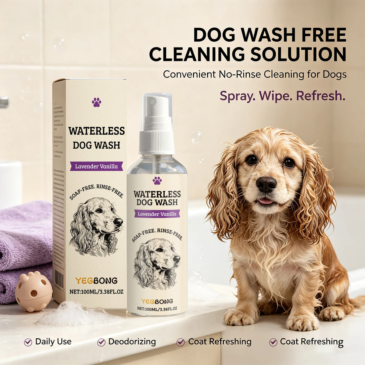 YEGBONG Waterless Dog Wash Spray, Lavender Vanilla, 100 ml