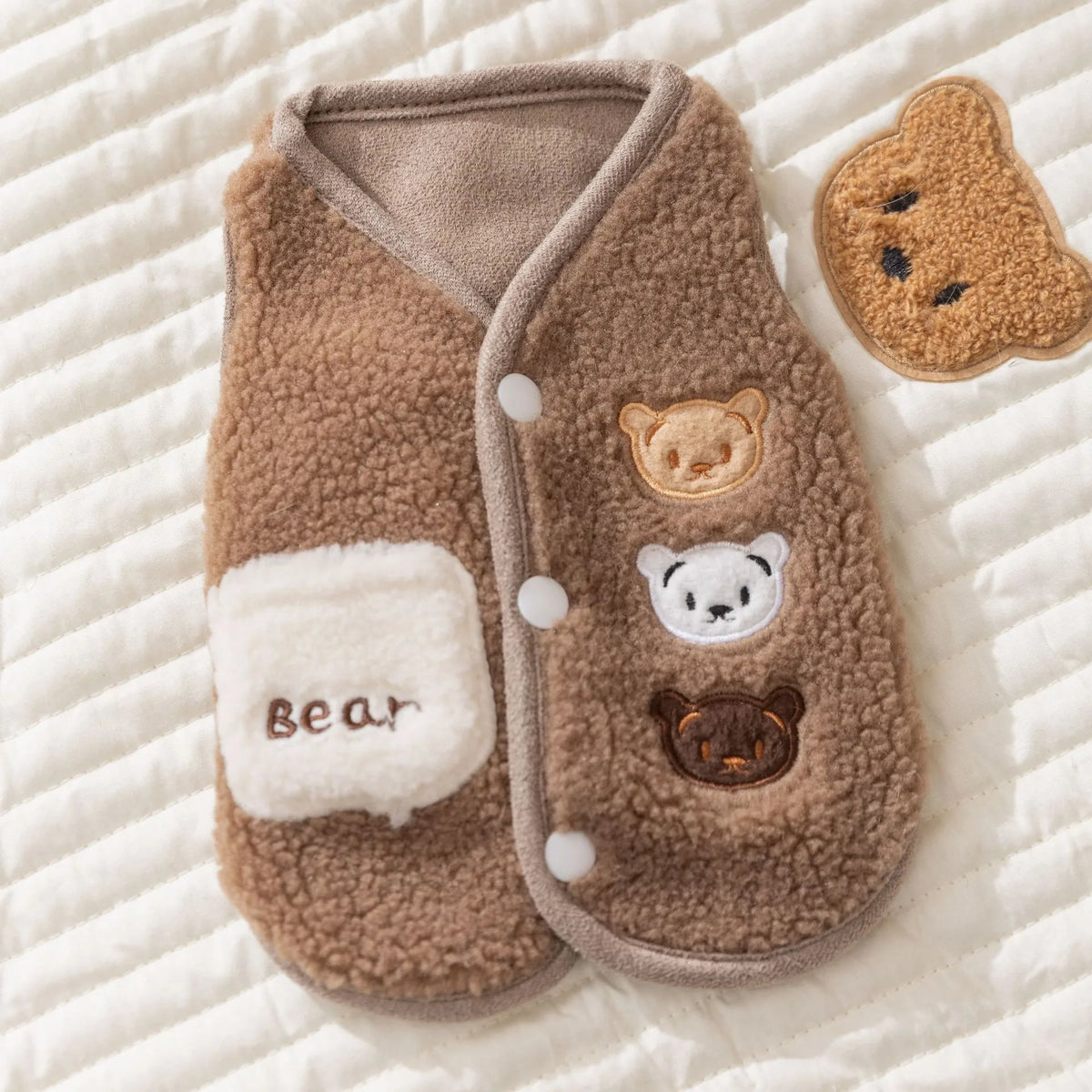 Teddy-Texture Pet Vest with Three Bear Details