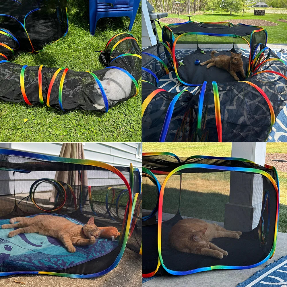 Portable Mesh Cat Playpen & Tunnel Set with Storage Bag
