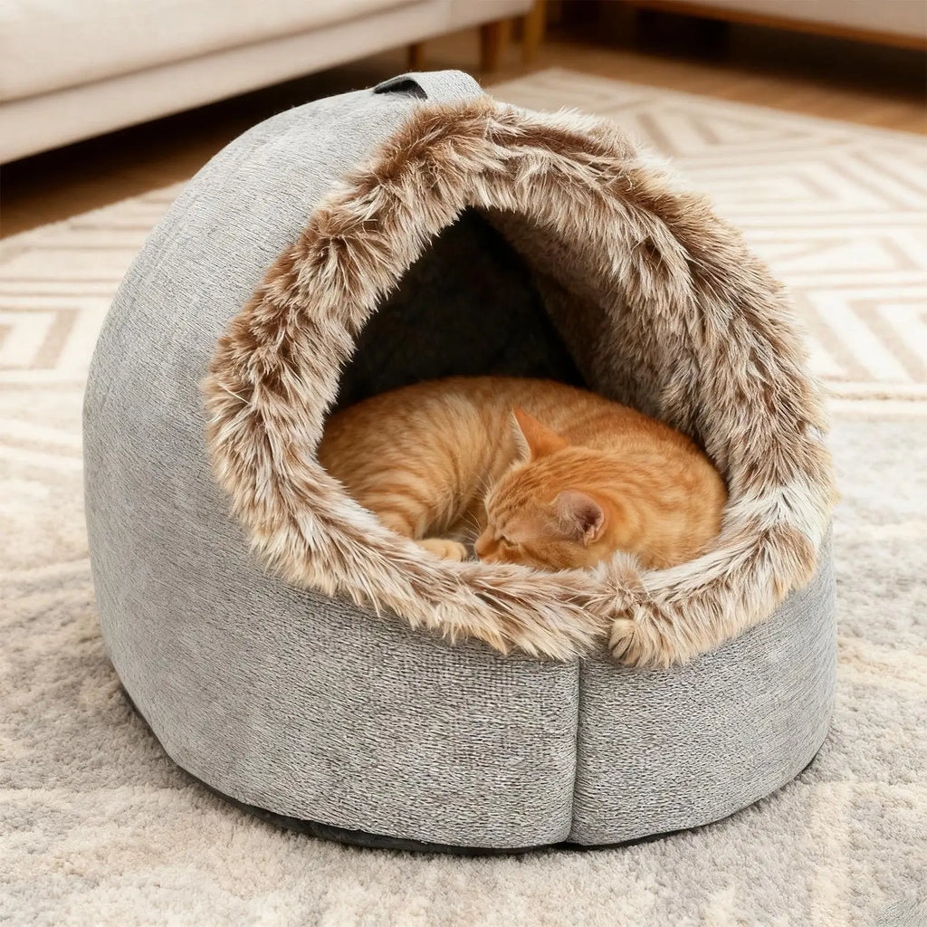 Plush-Trimmed Cave Bed for Cats & Small Dogs