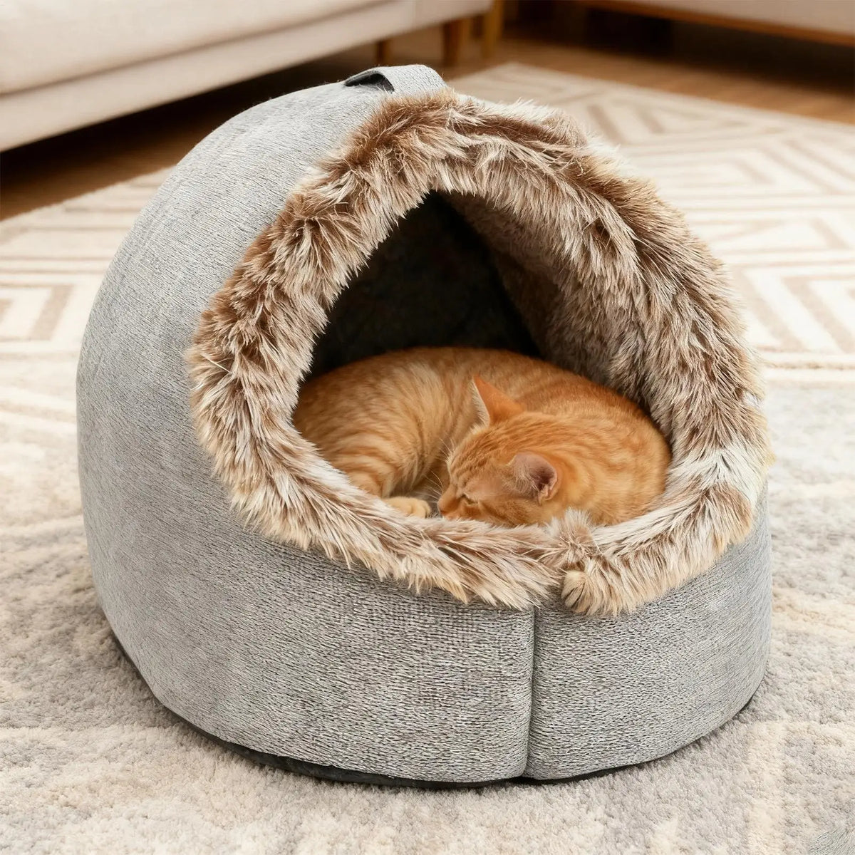Plush-Trimmed Cave Bed for Cats & Small Dogs