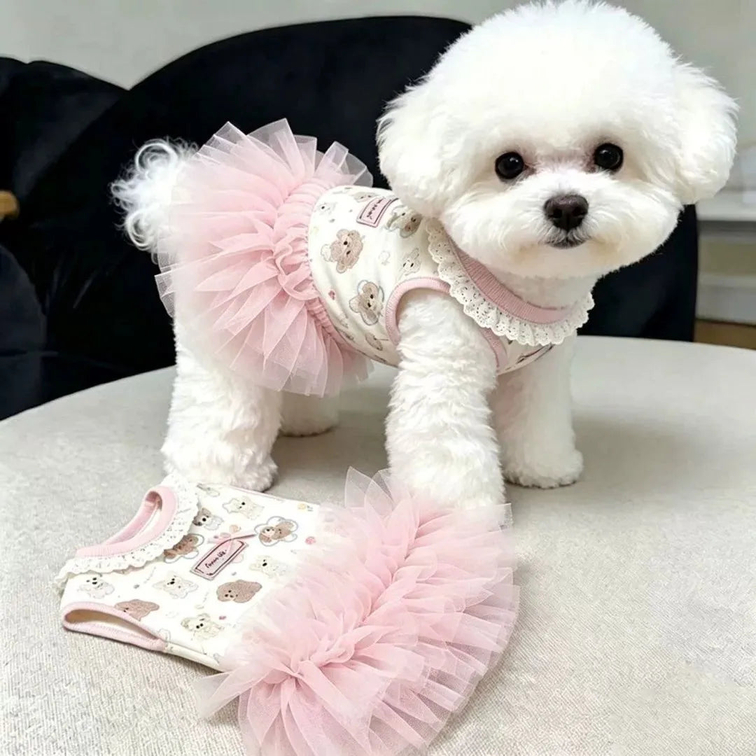 Puppy-Print Pet Tutu Dress with Lace Collar & Bow