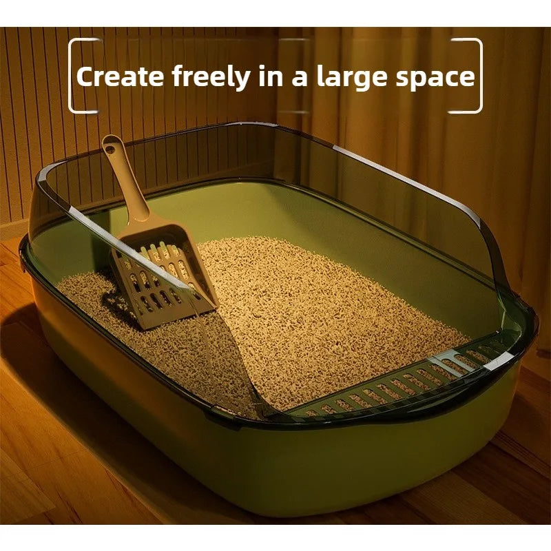 Open-Top Cat Litter Tray with Translucent Splash Guard