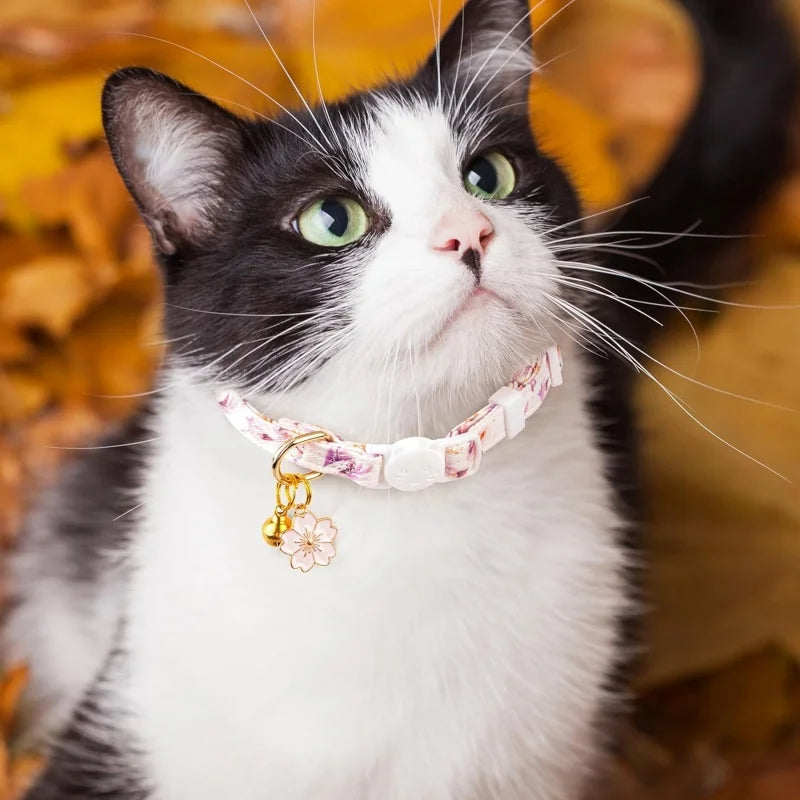 Floral Cotton Cat Collar with Bell & Flower Charm