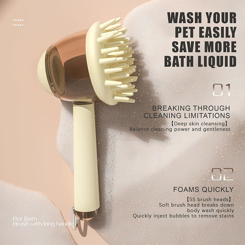 Pet Bath Brush with Refillable Shampoo Dispenser & Long Handle
