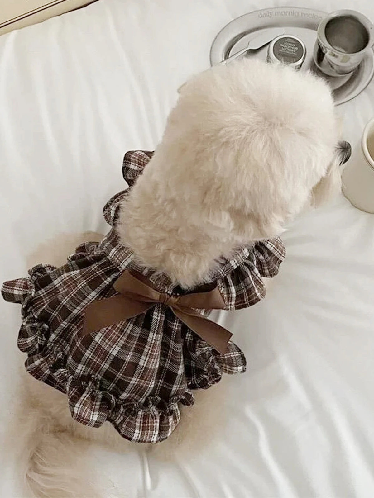 Brown Plaid Pet Pinafore Dress with Ruffle Trim