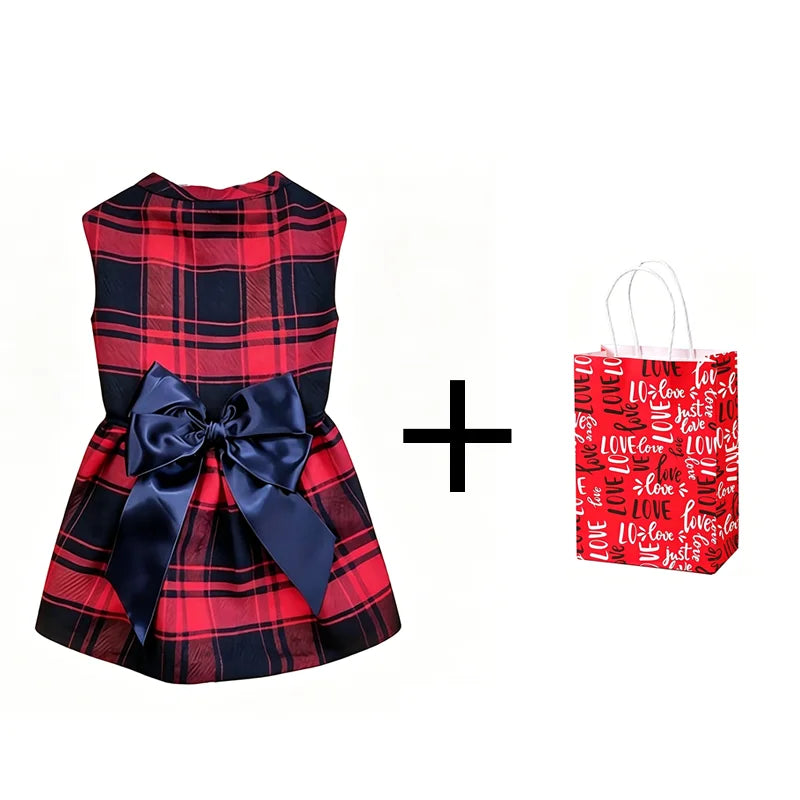 Red Tartan Pet Dress with Black Bow