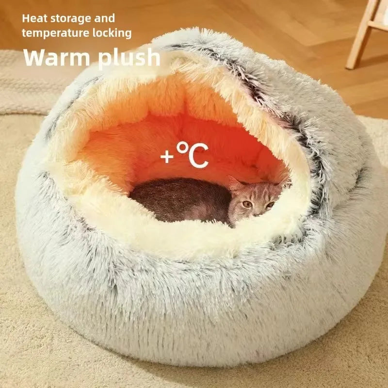 Shaggy Plush Cat Cave Bed with Snuggle Cover
