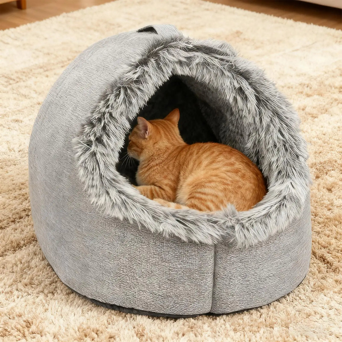 Plush-Trimmed Cave Bed for Cats & Small Dogs