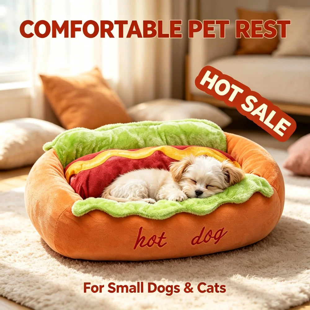 Hot Dog-Shaped Plush Bed for Small Dogs & Cats
