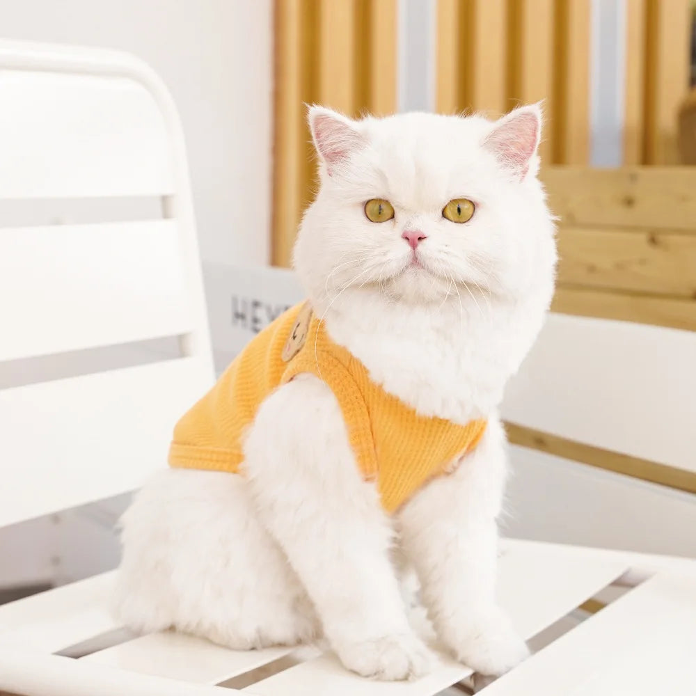 Waffle-Texture Bear-Patch Cat Vest